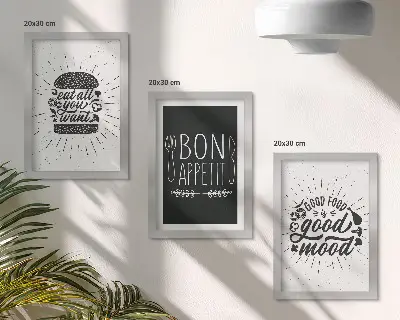 Bilderwand mit Grafiken und Slogans rund ums Thema Essen und Kulinarik