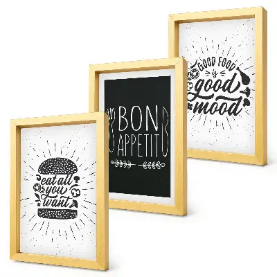 Bilderwand mit Grafiken und Slogans rund ums Thema Essen und Kulinarik