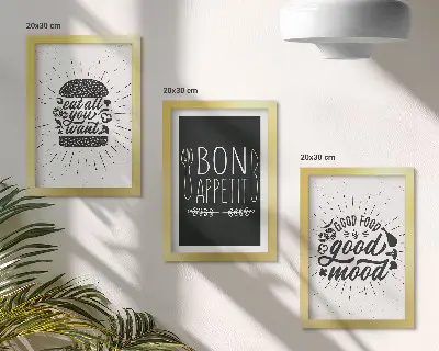 Bilderwand mit Grafiken und Slogans rund ums Thema Essen und Kulinarik
