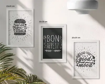 Bilderwand mit Grafiken und Slogans rund ums Thema Essen und Kulinarik