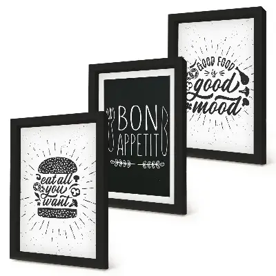Bilderwand mit Grafiken und Slogans rund ums Thema Essen und Kulinarik