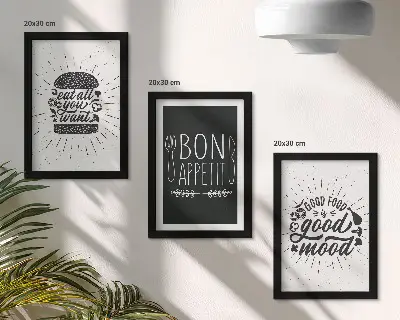 Bilderwand mit Grafiken und Slogans rund ums Thema Essen und Kulinarik