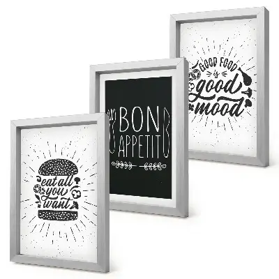 Bilderwand mit Grafiken und Slogans rund ums Thema Essen und Kulinarik