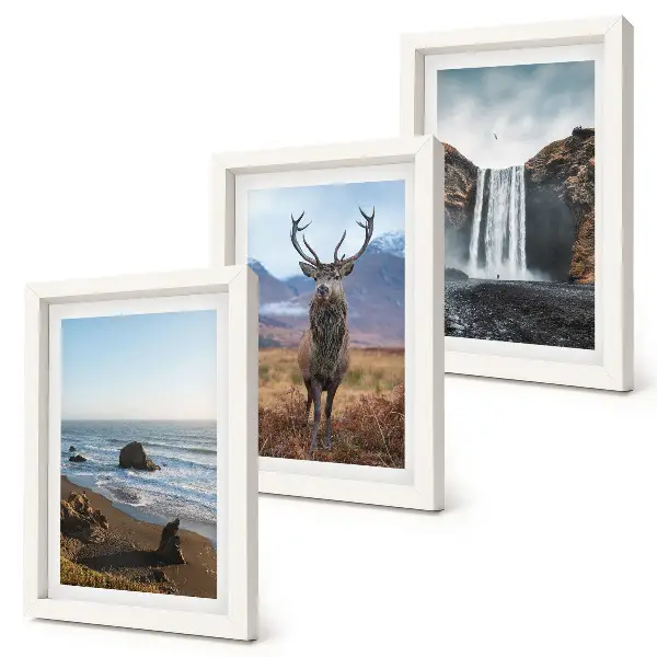 Bilderset mit Rahmen mit Berglandschaften, Wasserfall, Reh und Strand