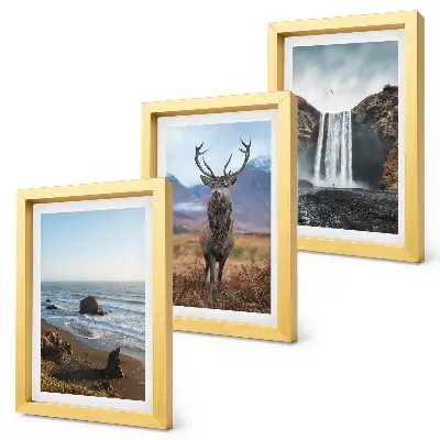 Bilderset mit Rahmen mit Berglandschaften, Wasserfall, Reh und Strand