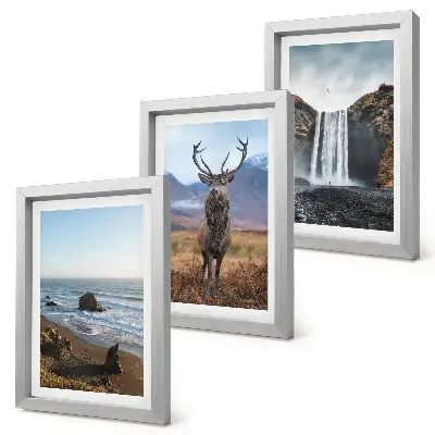 Bilderset mit Rahmen mit Berglandschaften, Wasserfall, Reh und Strand