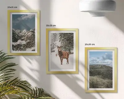 Fototapete mit verschneiten Bergen, Rehen im Wald und Landschaften
