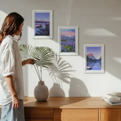 Bilderset mit Rahmen Berglandschaften mit Wasser, Himmel und Blumenwiese