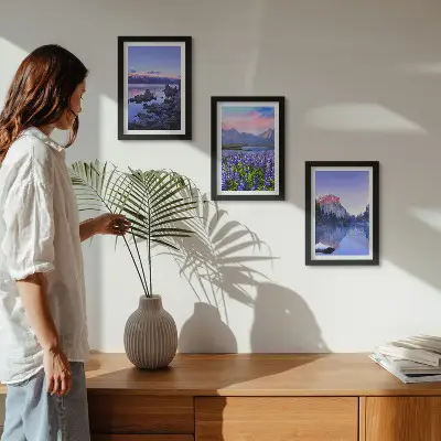 Bilderset mit Rahmen Berglandschaften mit Wasser, Himmel und Blumenwiese