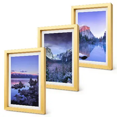 Bilderwand mit Berglandschaften in der Abenddämmerung und Ausblicken aufs Wasser