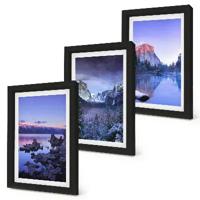 Bilderwand mit Berglandschaften in der Abenddämmerung und Ausblicken aufs Wasser