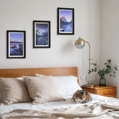 Bilderwand mit Berglandschaften in der Abenddämmerung und Ausblicken aufs Wasser