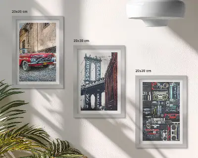 Fotowand mit einem alten Auto auf der Straße nahe der Brooklyn Bridge sowie Retro-Audiogeräten
