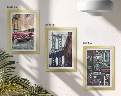 Fotowand mit einem alten Auto auf der Straße nahe der Brooklyn Bridge sowie Retro-Audiogeräten