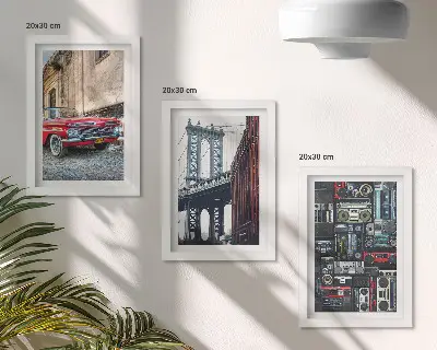 Fotowand mit einem alten Auto auf der Straße nahe der Brooklyn Bridge sowie Retro-Audiogeräten