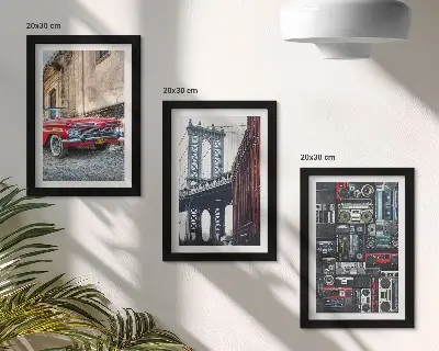 Fotowand mit einem alten Auto auf der Straße nahe der Brooklyn Bridge sowie Retro-Audiogeräten