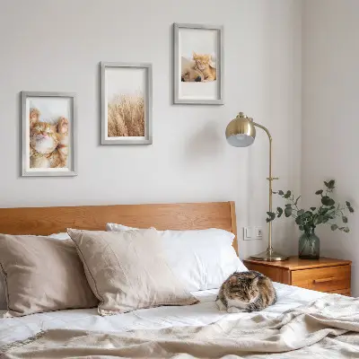 Bilderwand mit niedlichen Tieren wie Katzen und Hunden in zartem Gras im Boho-Stil