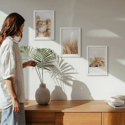 Bilderwand mit niedlichen Tieren wie Katzen und Hunden in zartem Gras im Boho-Stil