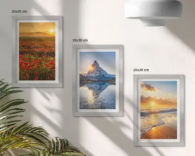 Bilderset Berg- und Küstenlandschaften mit Sonnenuntergängen und Rahmen