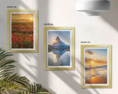Bilderset Berg- und Küstenlandschaften mit Sonnenuntergängen und Rahmen