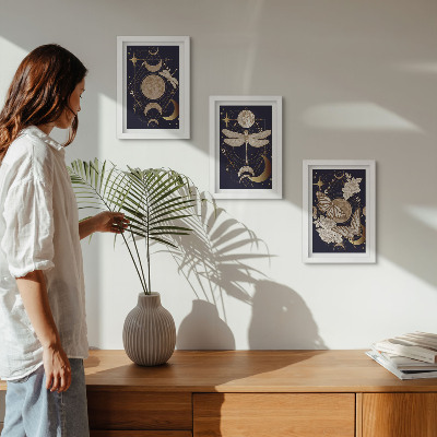 Bilderset mit rahmen Naturmotive mit Mond, Weltraum und Blumen
