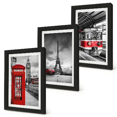 Bilderwand mit Motiven von ikonischen Städten wie London und Paris sowie Schienenverkehr