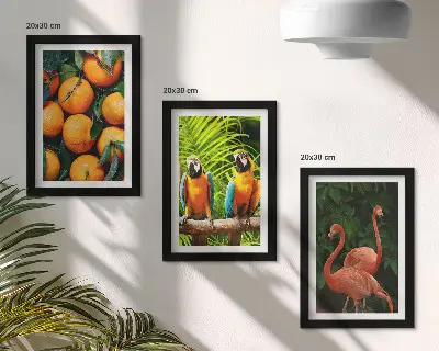 Bilderwand mit fruchtigen Akzenten, Papageien und Flamingos in den Tropen