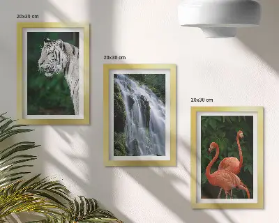 Bilderset mit Rahmen Tiger am Wasserfall und rosa Flamingos in der Natur