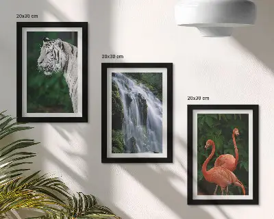 Bilderset mit Rahmen Tiger am Wasserfall und rosa Flamingos in der Natur