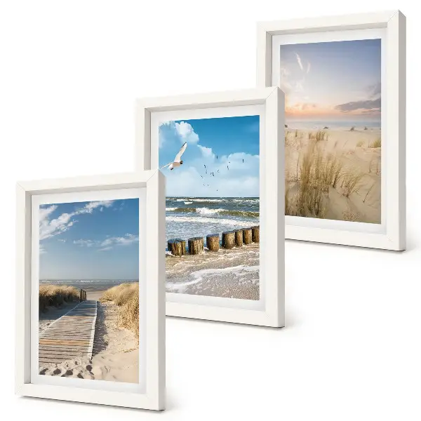 Bilderwand mit Strand, Sand, Wellen, Himmel und fliegenden Vögeln