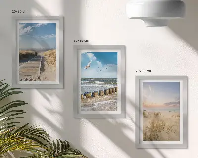 Bilderwand mit Strand, Sand, Wellen, Himmel und fliegenden Vögeln