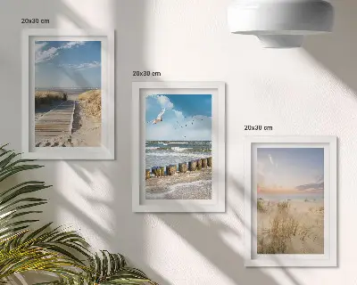 Bilderwand mit Strand, Sand, Wellen, Himmel und fliegenden Vögeln