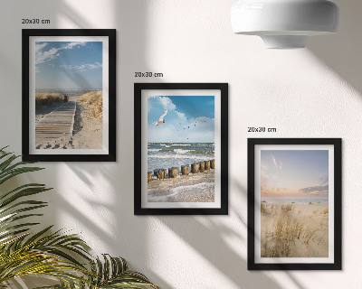 Bilderwand Strand mit Sand, Wellen, Himmel und Vögeln im Flug