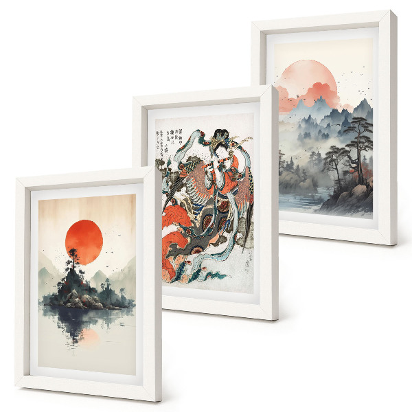 Bilderset mit rahmen Asiatische Landschaftsgemälde und Porträts im Japandi-Stil