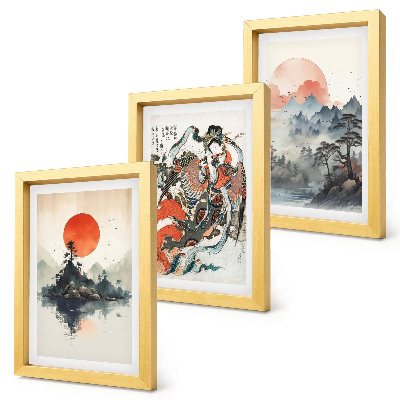 Bilderset mit rahmen Asiatische Landschaftsgemälde und Porträts im Japandi-Stil
