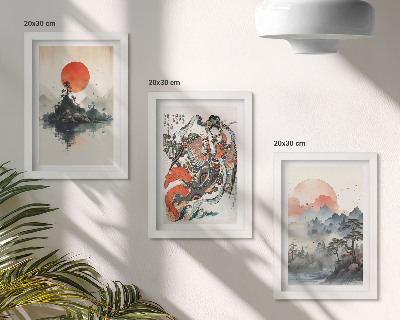 Bilderset mit rahmen Asiatische Landschaftsgemälde und Porträts im Japandi-Stil
