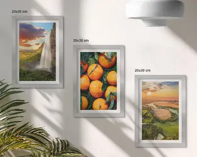 Bilderset mit Rahmen Wasserfall, Berge, Orangen und italienische Landschaft bei Sonnenuntergang