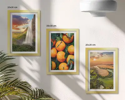 Bilderset mit Rahmen Wasserfall, Berge, Orangen und italienische Landschaft bei Sonnenuntergang