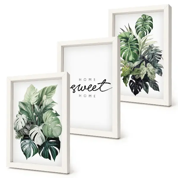 Bilderwand mit grünen Pflanzen und Schriftzug „Sweet Home“