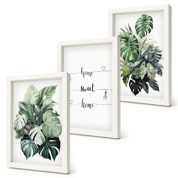 Fotowand Aquarell Monstera Blätter mit dem Spruch Zuhause ist es am schönsten