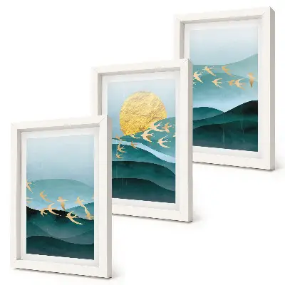 Bilderwand mit abstrakten Landschaften aus Sonnenwellen und fliegenden Vögeln