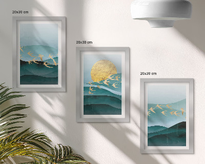 Bilderwand Abstrakte Landschaften aus Sonnenwellen und fliegenden Vögeln