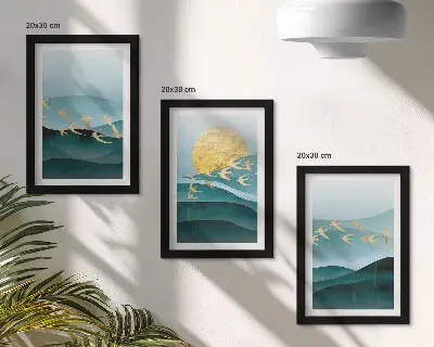 Bilderwand mit abstrakten Landschaften aus Sonnenwellen und fliegenden Vögeln