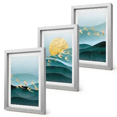Bilderwand mit abstrakten Landschaften aus Sonnenwellen und fliegenden Vögeln