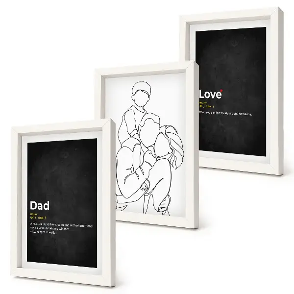 Familien-Linienzeichnung mit Definitionen von Liebe und Vaterschaft als Bilderset mit Rahmen