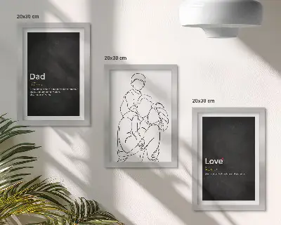 Familien-Linienzeichnung mit Definitionen von Liebe und Vaterschaft als Bilderset mit Rahmen