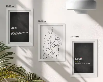 Familien-Linienzeichnung mit Definitionen von Liebe und Vaterschaft als Bilderset mit Rahmen