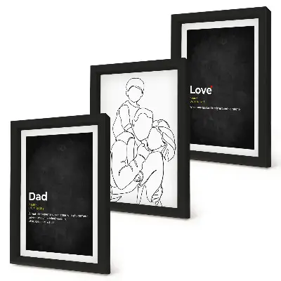Familien-Linienzeichnung mit Definitionen von Liebe und Vaterschaft als Bilderset mit Rahmen