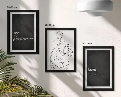 Familien-Linienzeichnung mit Definitionen von Liebe und Vaterschaft als Bilderset mit Rahmen
