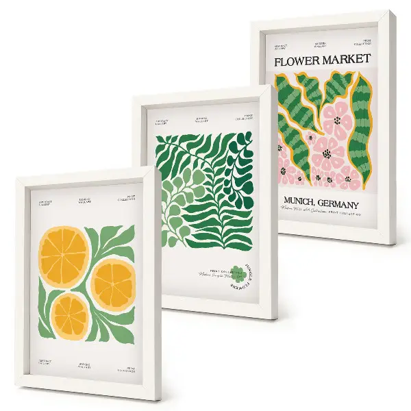 Bilderwand mit Obst- und Pflanzenmotiven in Pastellfarben